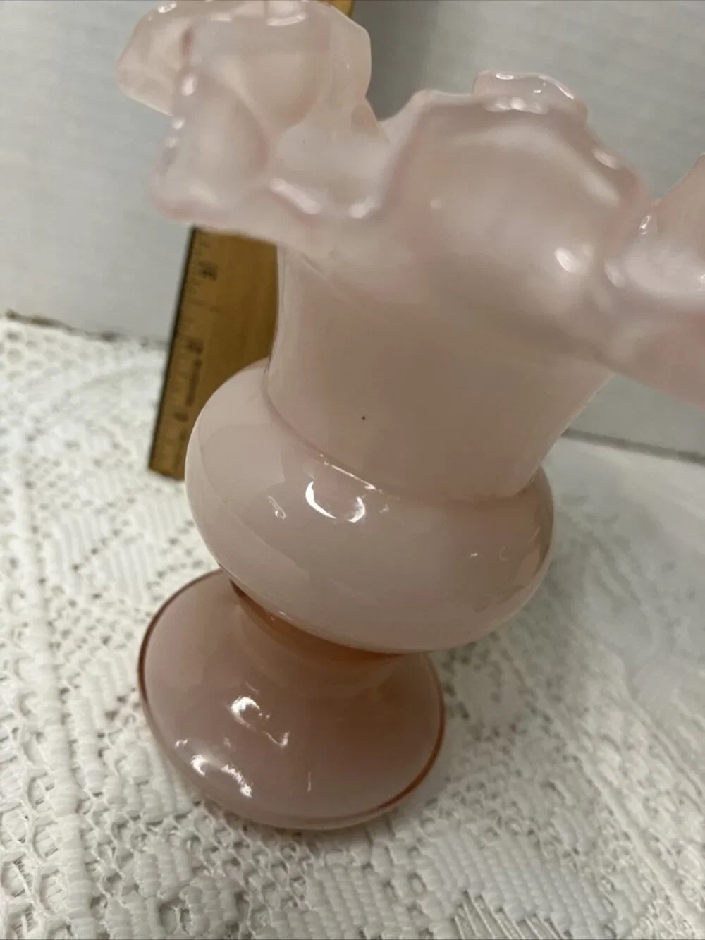 Fenton Glass Pink Melon Overlay Vase Ruffle Top 6.25